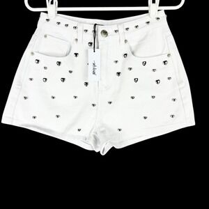 Nasty Gal Women's White Denim Shorts Sz 4 Heart Studded High Rise 5-Pockets NWT